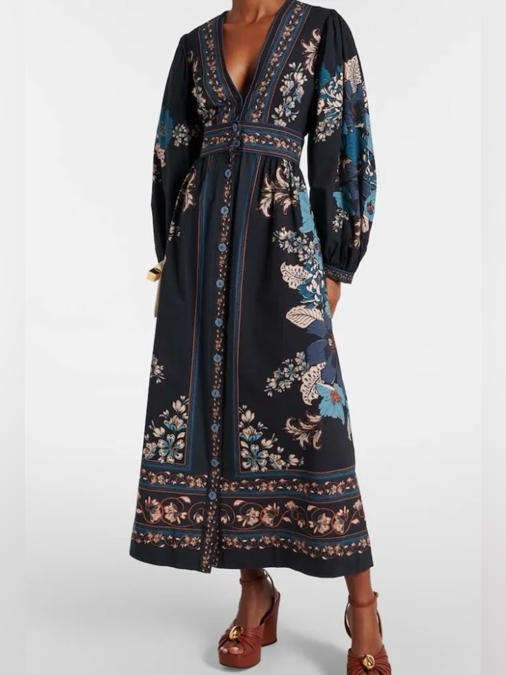 CAROLINE CONSTAS BLOSSOM TAPESTRY MIDI/MAXI DRESS Long Sleeves MEDIUM ( Farm Rio